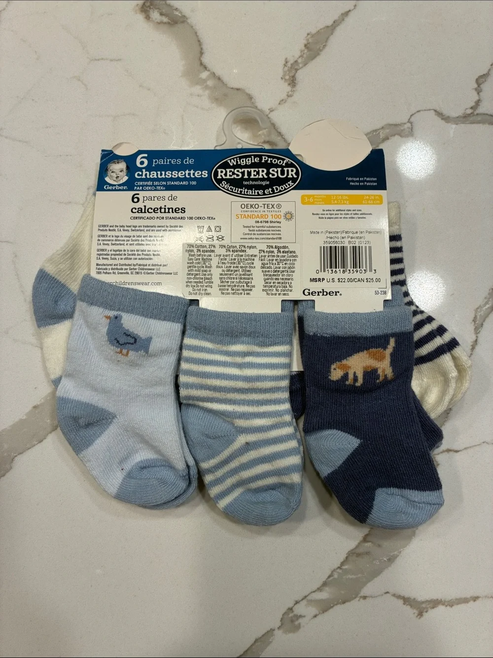 Gerber Baby Sock 6-Pack in Blue and Cream with Bike & Puppy Motifs
